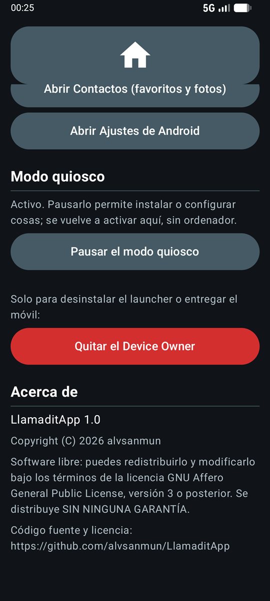 Sección Acerca de del panel del cuidador: LlamaditApp 1.0, copyright de alvsanmun y licencia GNU AGPL v3